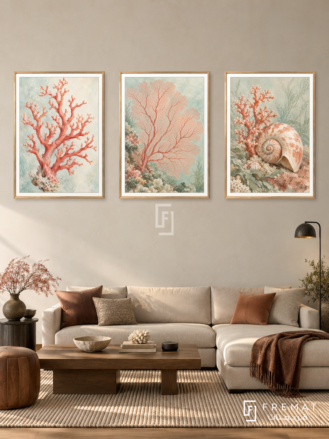 Coral Garden — set of three complementary nature artworks in Gold frames, shown at 50×70 cm each.