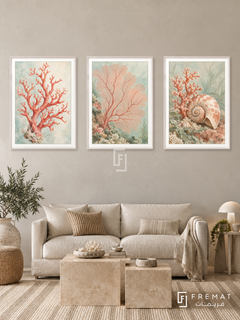 Coral Garden — set of three complementary nature artworks in White frames, shown at 50×70 cm each.