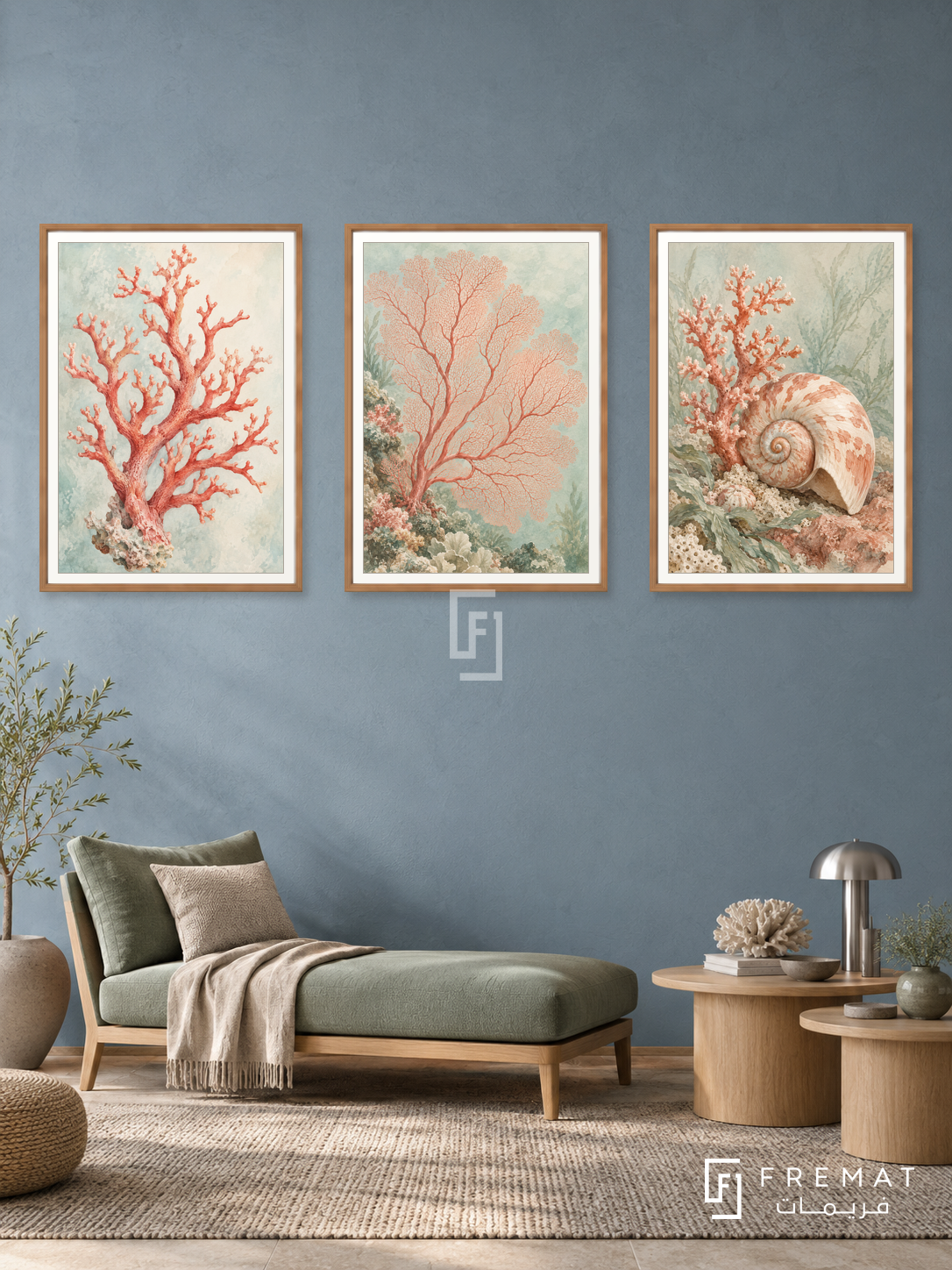 Coral Garden — set of three complementary nature artworks in Wooden Texture frames, shown at 50×70 cm each.