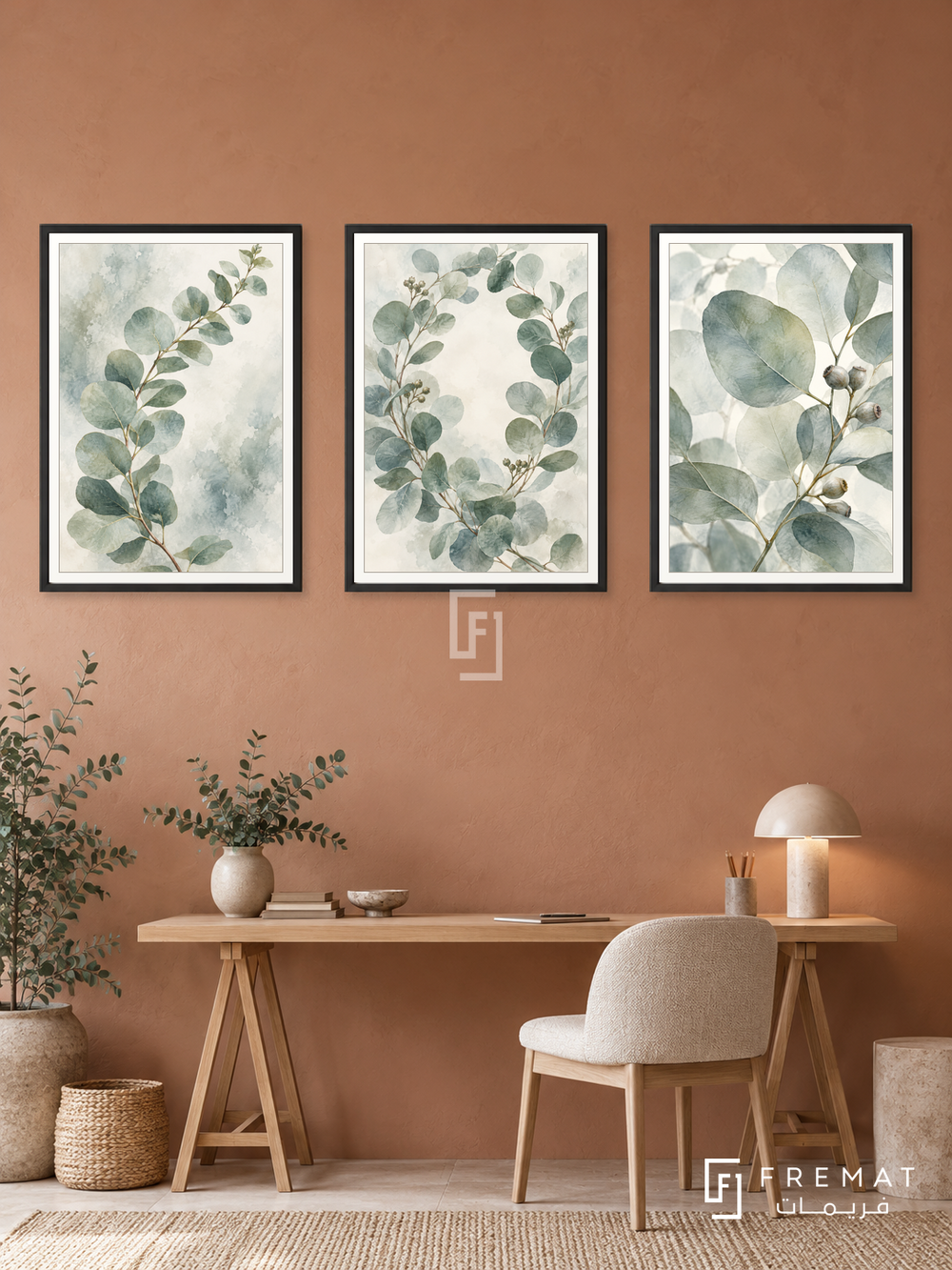 Eucalyptus Air — set of three complementary nature artworks in Black frames, shown at 50×70 cm each.