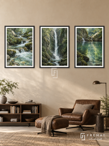 Waterfall Journey — set of three complementary nature artworks in Black frames, shown at 50×70 cm each.