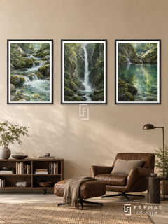 Waterfall Journey — set of three complementary nature artworks in Black frames, shown at 50×70 cm each.