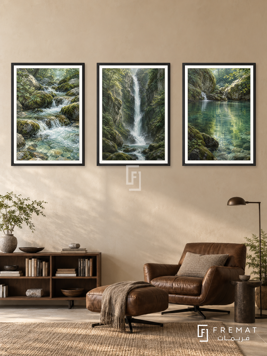 Waterfall Journey — set of three complementary nature artworks in Black frames, shown at 50×70 cm each.