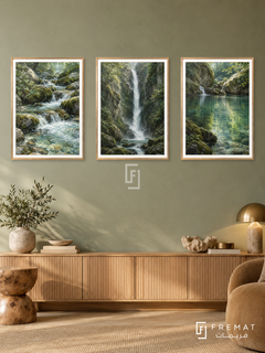 Waterfall Journey — set of three complementary nature artworks in Gold frames, shown at 50×70 cm each.