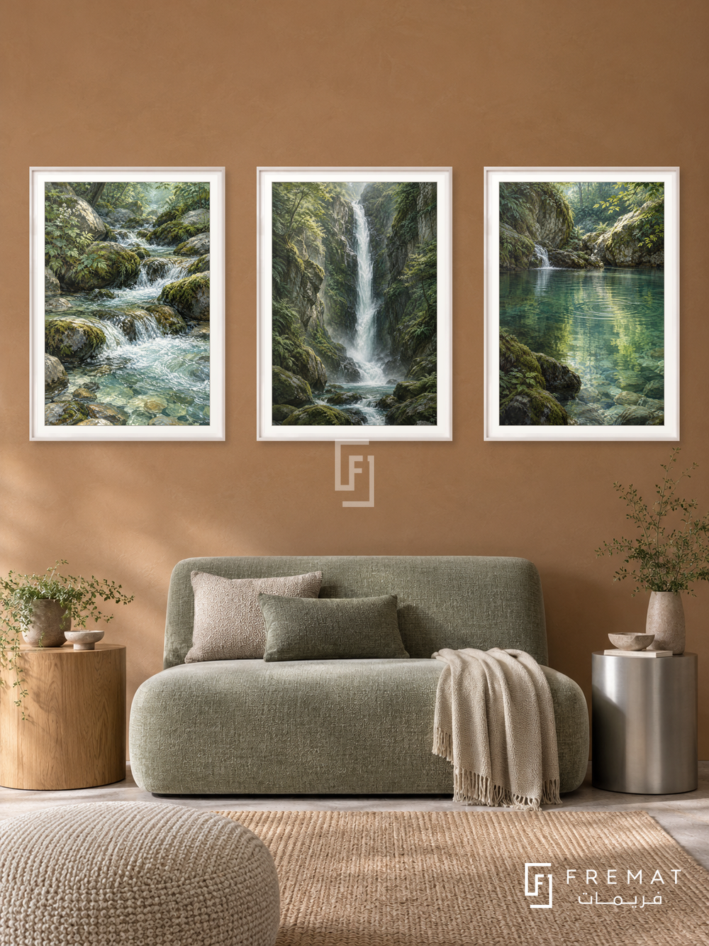 Waterfall Journey — set of three complementary nature artworks in White frames, shown at 50×70 cm each.