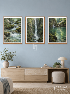 Waterfall Journey — set of three complementary nature artworks in Wooden Texture frames, shown at 50×70 cm each.