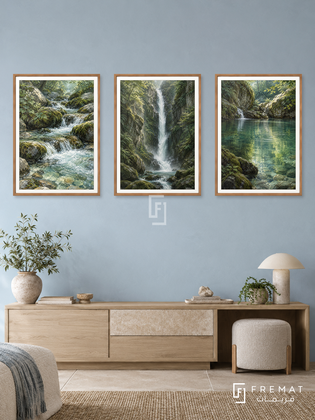 Waterfall Journey — set of three complementary nature artworks in Wooden Texture frames, shown at 50×70 cm each.