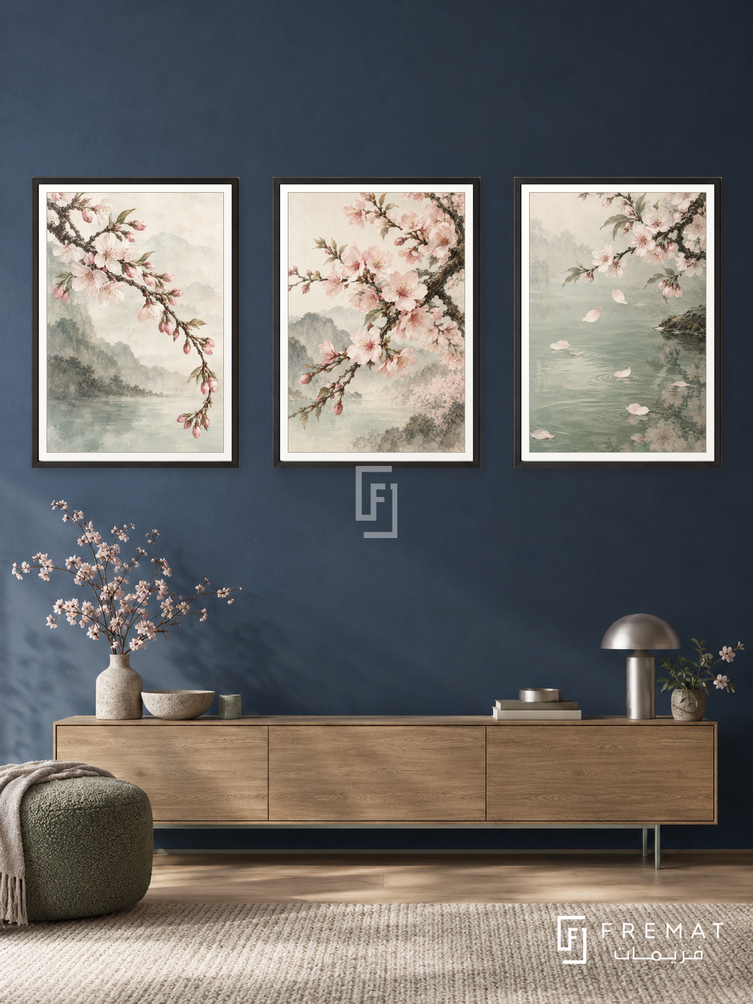 Cherry Blossom Drift — set of three complementary nature artworks in Black frames, shown at 50×70 cm each.