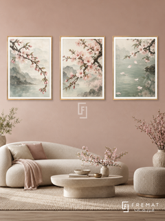 Cherry Blossom Drift — set of three complementary nature artworks in Gold frames, shown at 50×70 cm each.