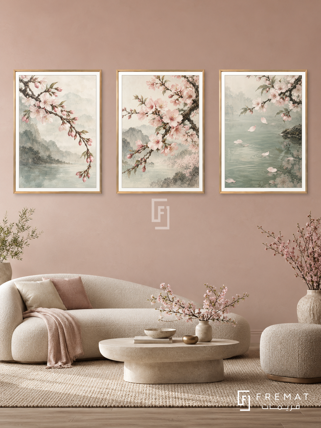 Cherry Blossom Drift — set of three complementary nature artworks in Gold frames, shown at 50×70 cm each.