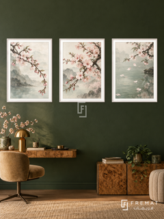 Cherry Blossom Drift — set of three complementary nature artworks in White frames, shown at 50×70 cm each.