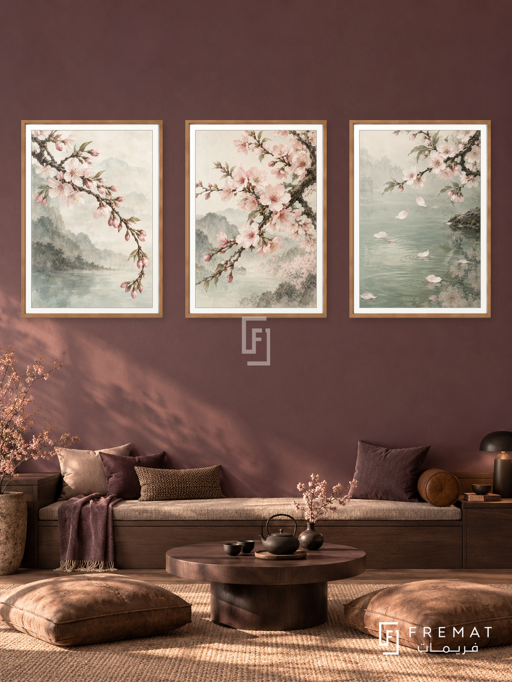 Cherry Blossom Drift — set of three complementary nature artworks in Wooden Texture frames, shown at 50×70 cm each.
