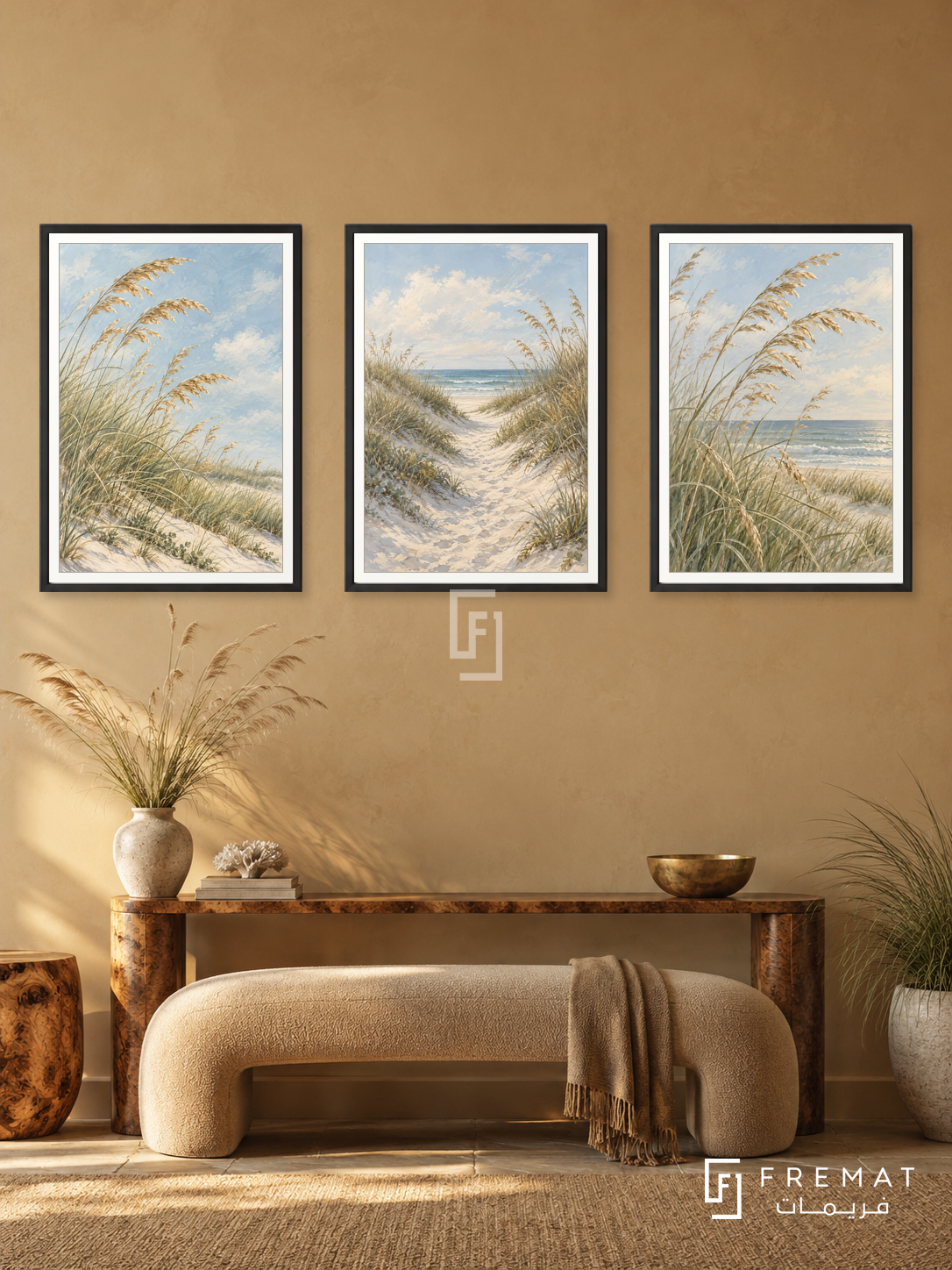 Coastal Grasses — set of three complementary nature artworks in Black frames, shown at 50×70 cm each.