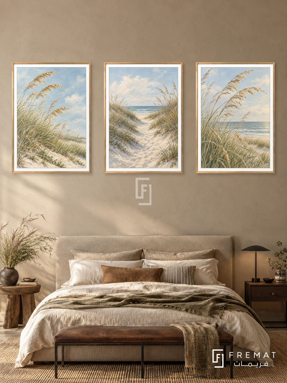 Coastal Grasses — set of three complementary nature artworks in Gold frames, shown at 50×70 cm each.