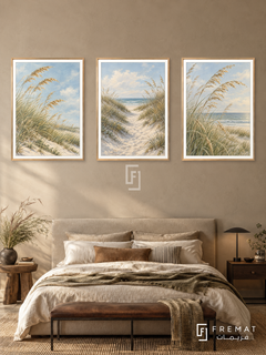 Coastal Grasses — set of three complementary nature artworks in Gold frames, shown at 50×70 cm each.