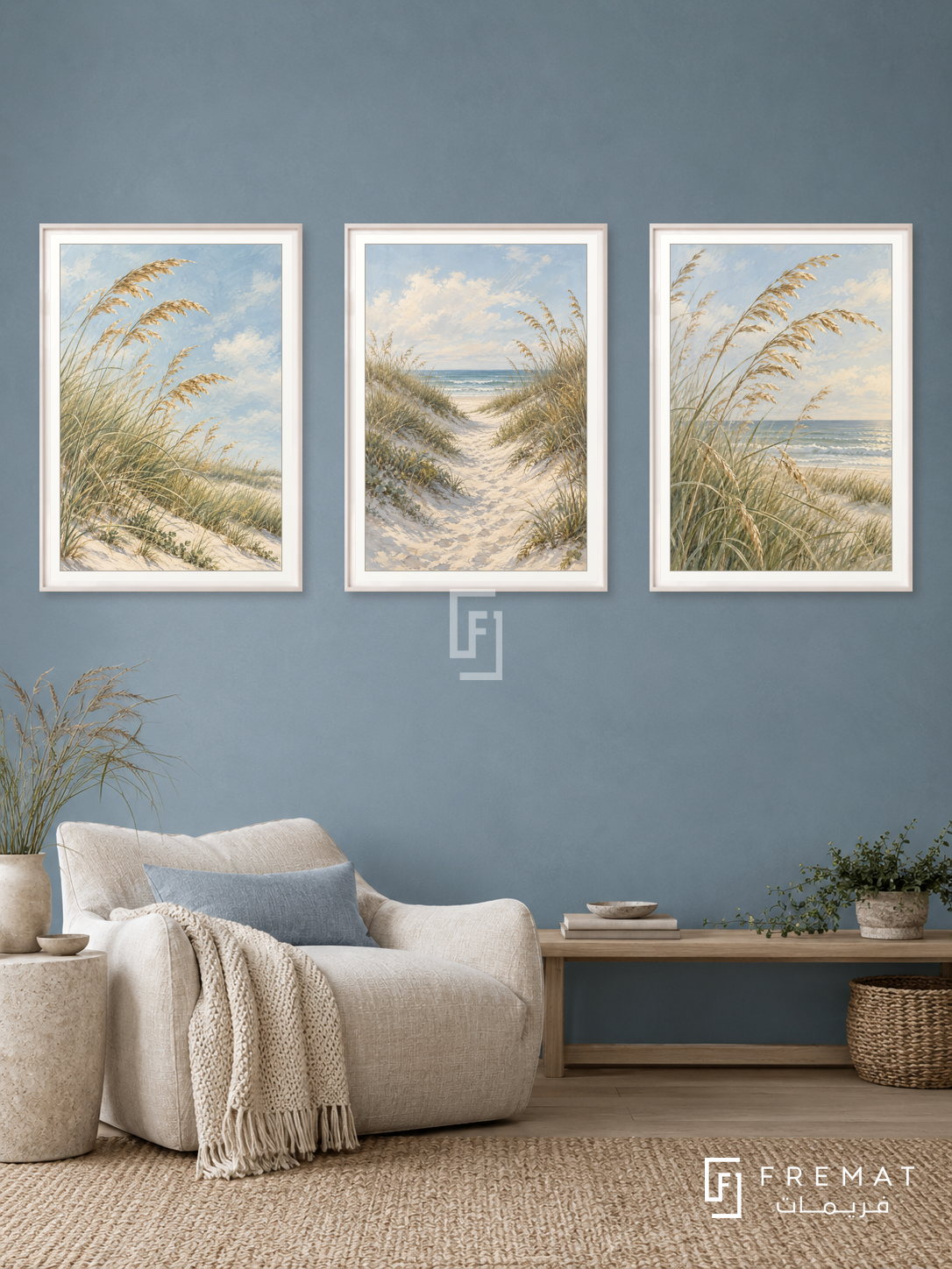 Coastal Grasses — set of three complementary nature artworks in White frames, shown at 50×70 cm each.