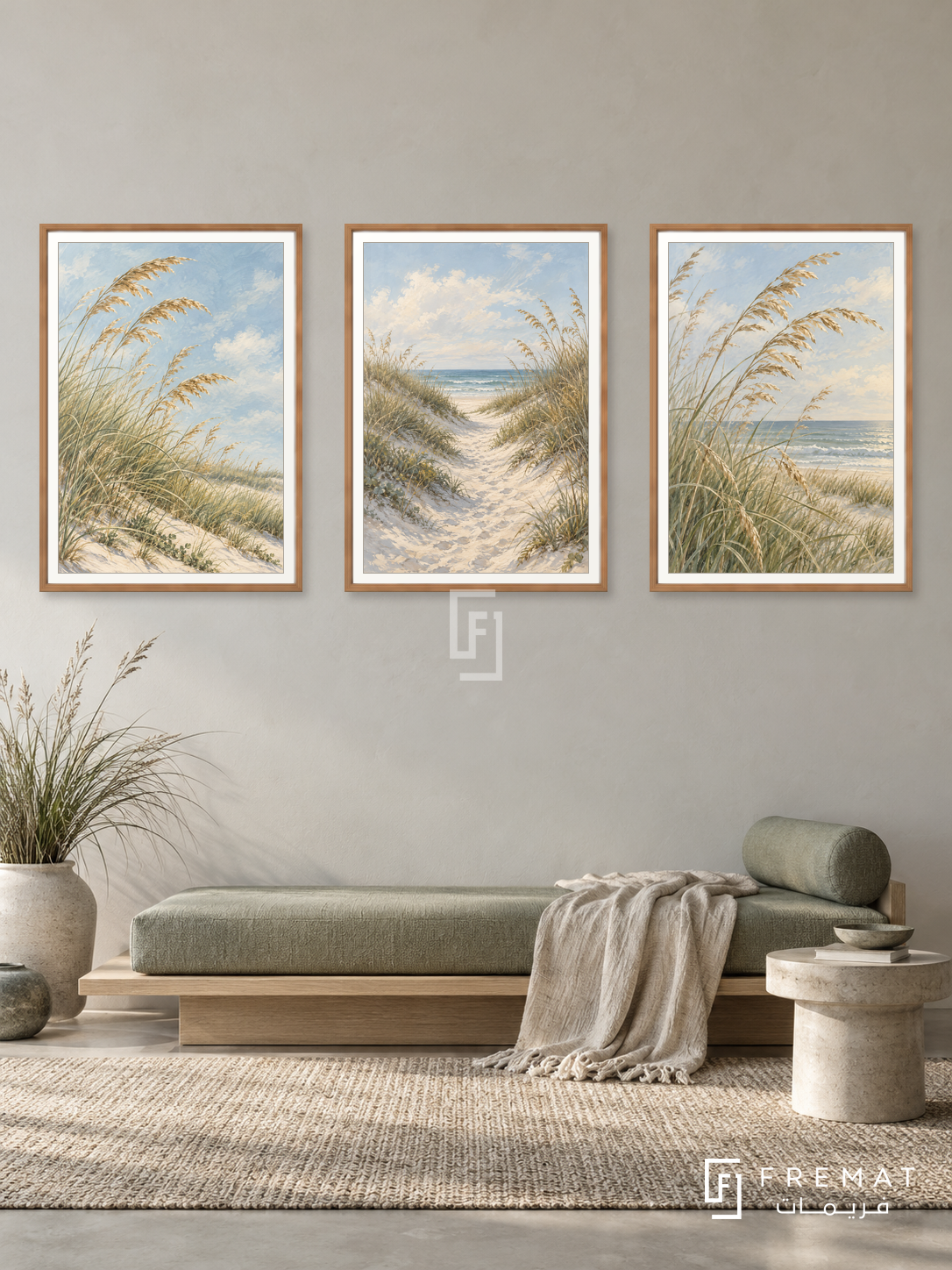 Coastal Grasses — set of three complementary nature artworks in Wooden Texture frames, shown at 50×70 cm each.