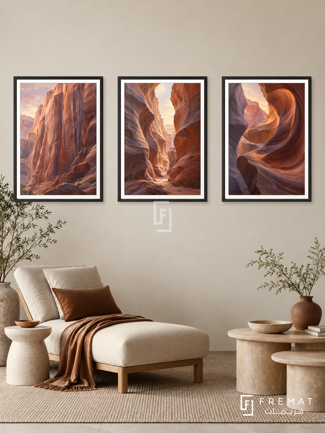 Terracotta Canyon — set of three complementary nature artworks in Black frames, shown at 50×70 cm each.