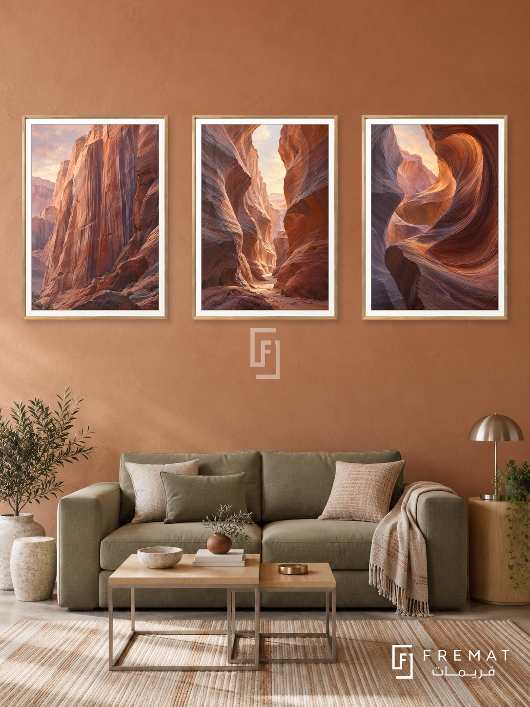 Terracotta Canyon — set of three complementary nature artworks in Gold frames, shown at 50×70 cm each.