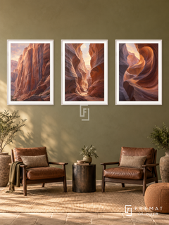 Terracotta Canyon — set of three complementary nature artworks in White frames, shown at 50×70 cm each.