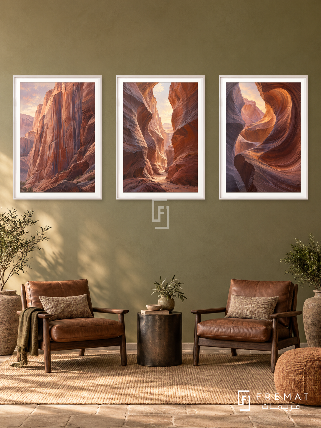 Terracotta Canyon — set of three complementary nature artworks in White frames, shown at 50×70 cm each.