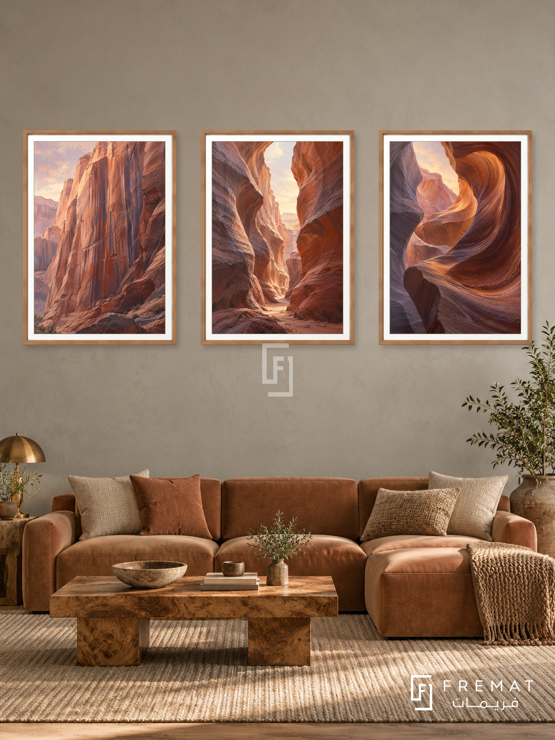 Terracotta Canyon — set of three complementary nature artworks in Wooden Texture frames, shown at 50×70 cm each.