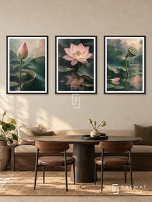 Lotus Awakening — set of three complementary nature artworks in Black frames, shown at 50×70 cm each.