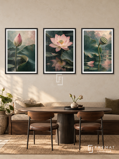 Lotus Awakening — set of three complementary nature artworks in Black frames, shown at 50×70 cm each.
