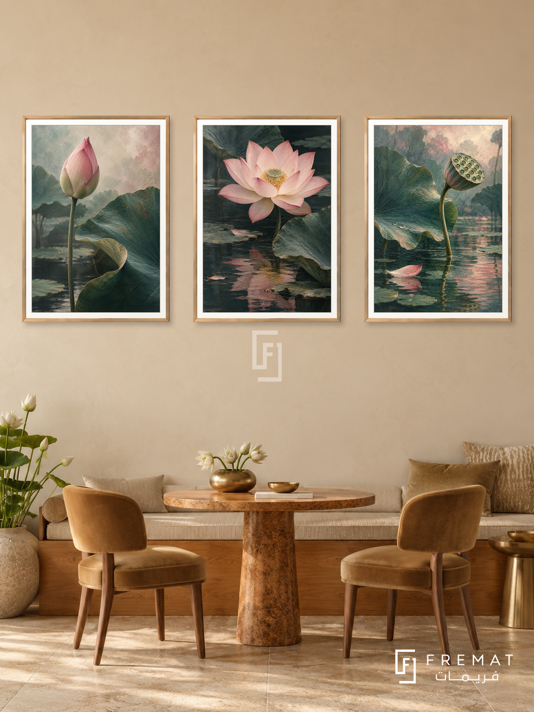 Lotus Awakening — set of three complementary nature artworks in Gold frames, shown at 50×70 cm each.