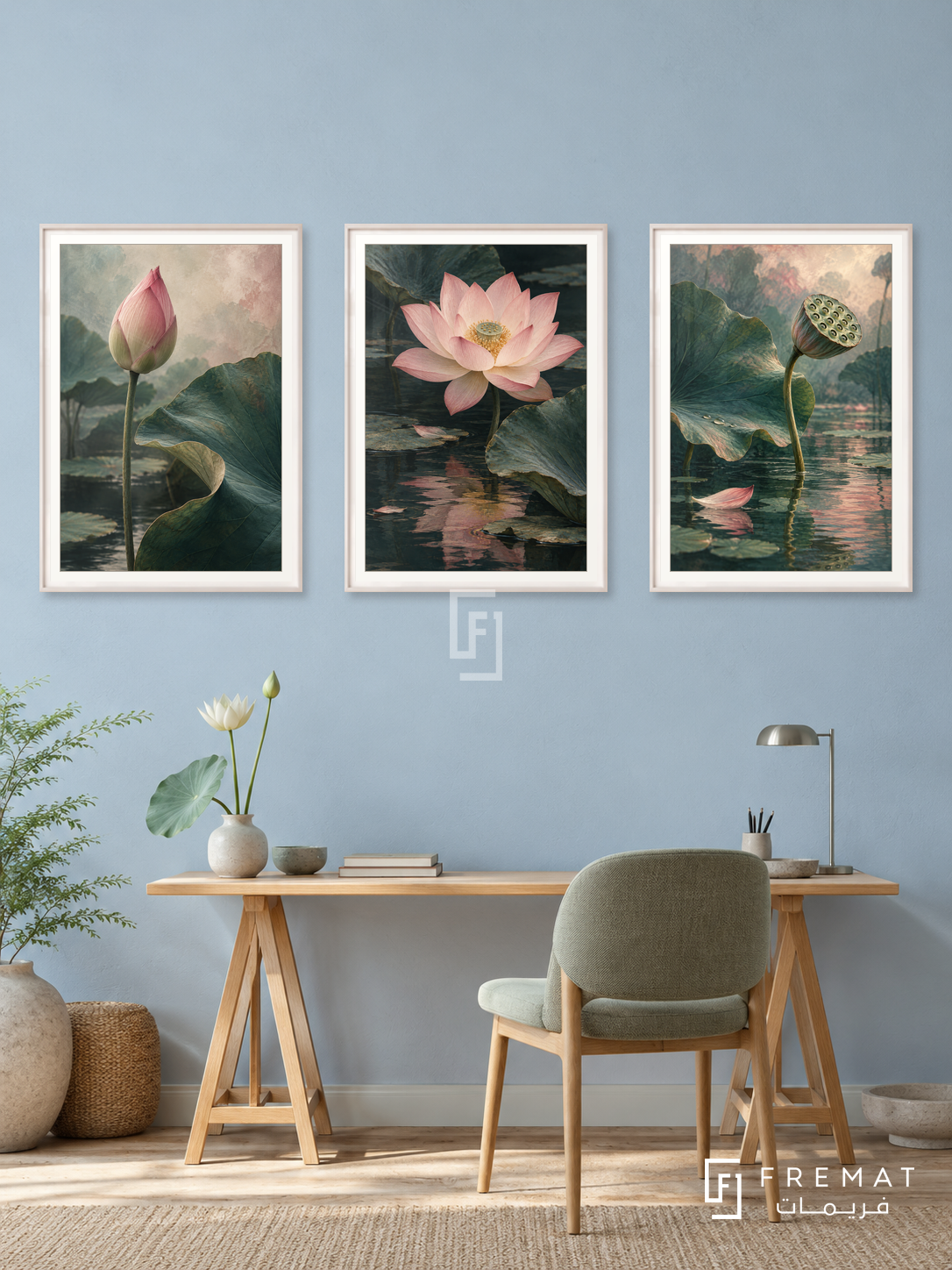 Lotus Awakening — set of three complementary nature artworks in White frames, shown at 50×70 cm each.