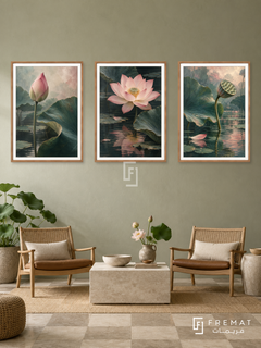 Lotus Awakening — set of three complementary nature artworks in Wooden Texture frames, shown at 50×70 cm each.