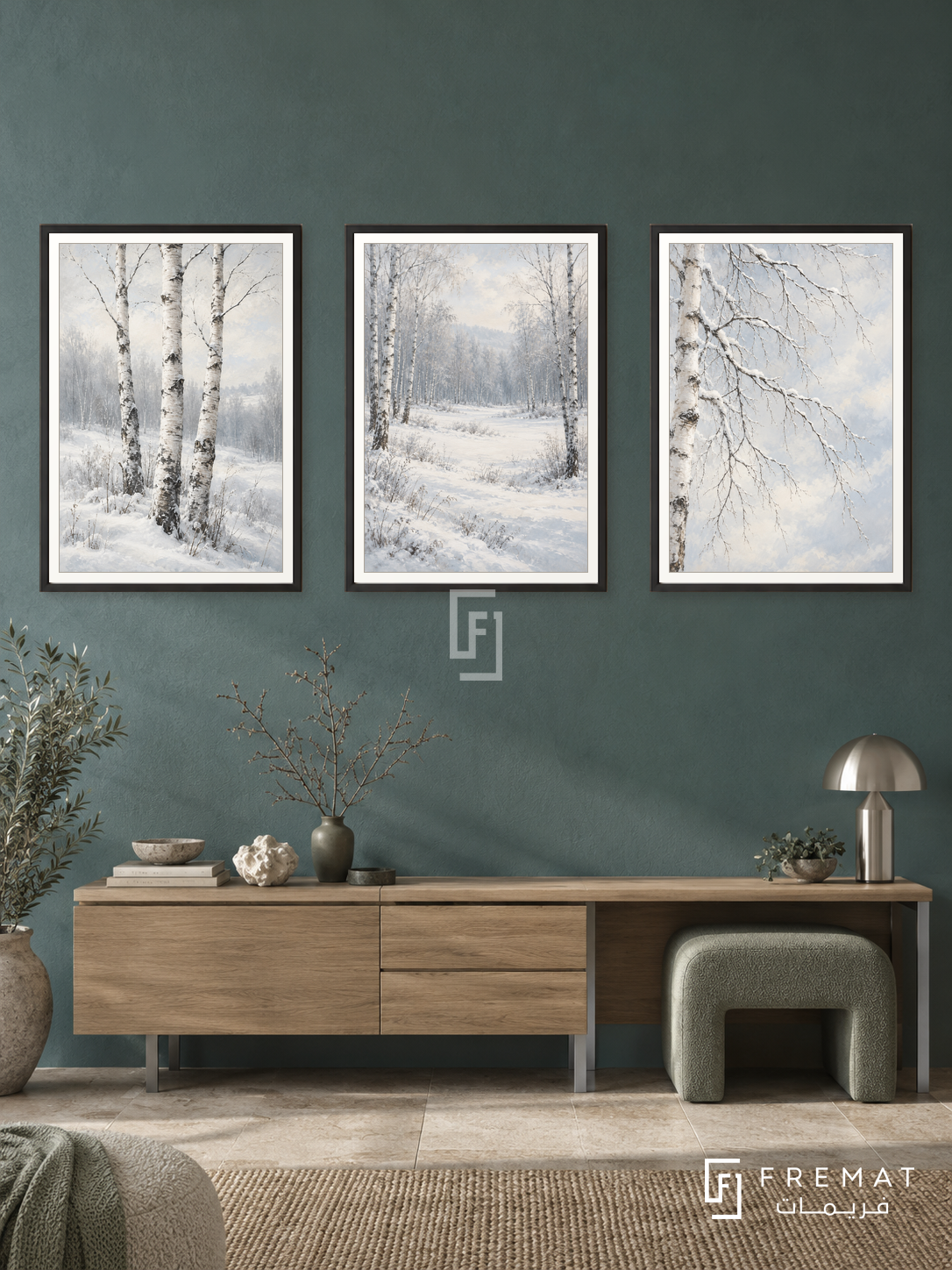 Winter Birch — set of three complementary nature artworks in Black frames, shown at 50×70 cm each.