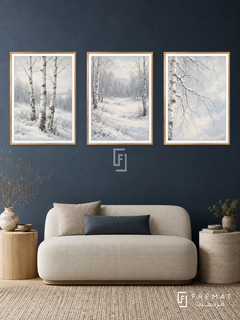 Winter Birch — set of three complementary nature artworks in Gold frames, shown at 50×70 cm each.