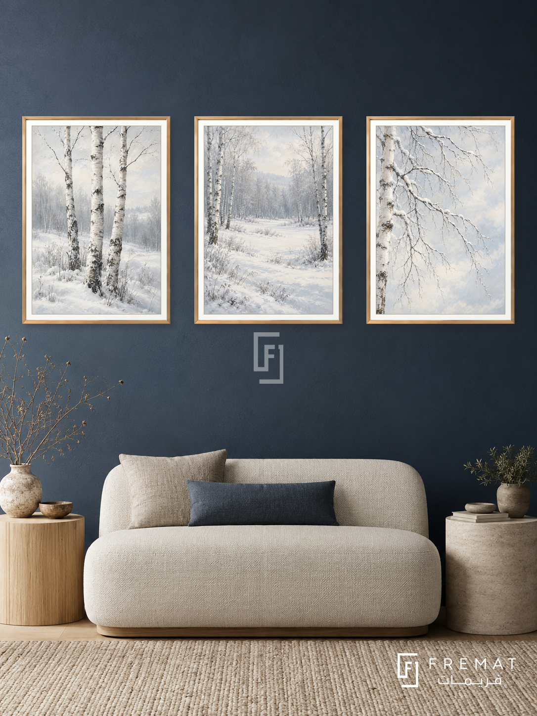 Winter Birch — set of three complementary nature artworks in Gold frames, shown at 50×70 cm each.