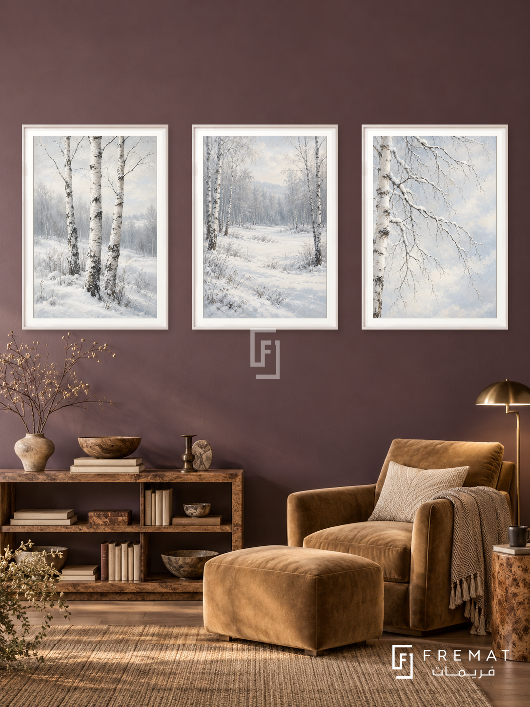 Winter Birch — set of three complementary nature artworks in White frames, shown at 50×70 cm each.