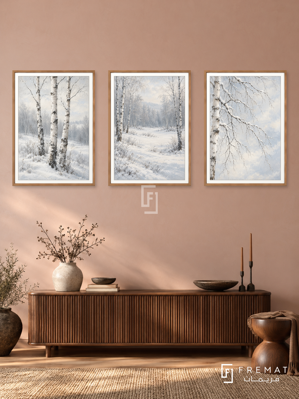 Winter Birch — set of three complementary nature artworks in Wooden Texture frames, shown at 50×70 cm each.