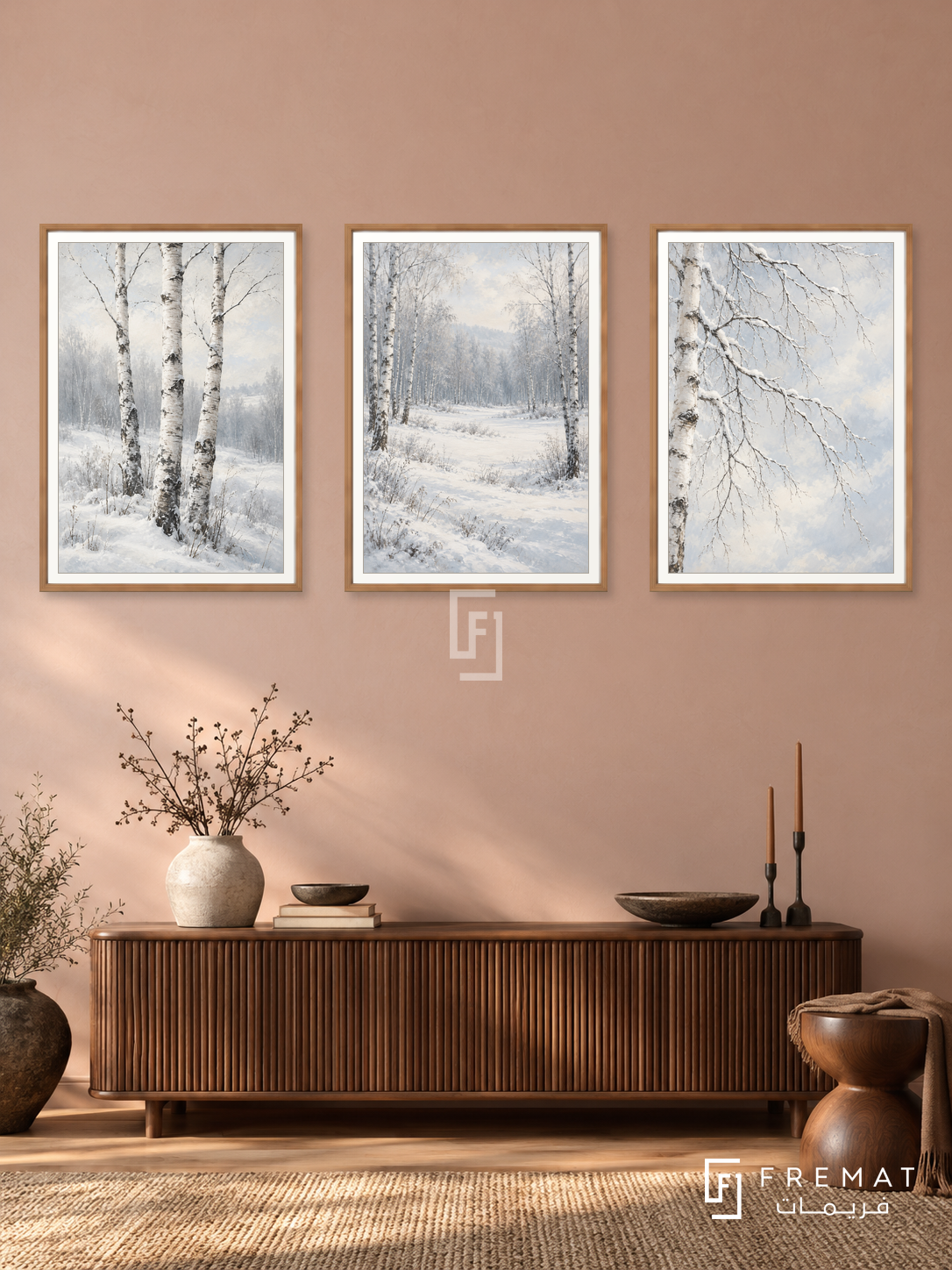 Winter Birch — set of three complementary nature artworks in Wooden Texture frames, shown at 50×70 cm each.