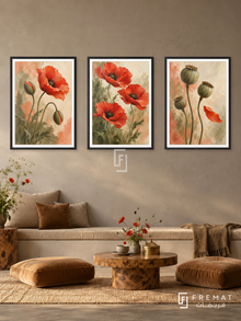 Wild Poppy Dance — set of three complementary nature artworks in Black frames, shown at 50×70 cm each.