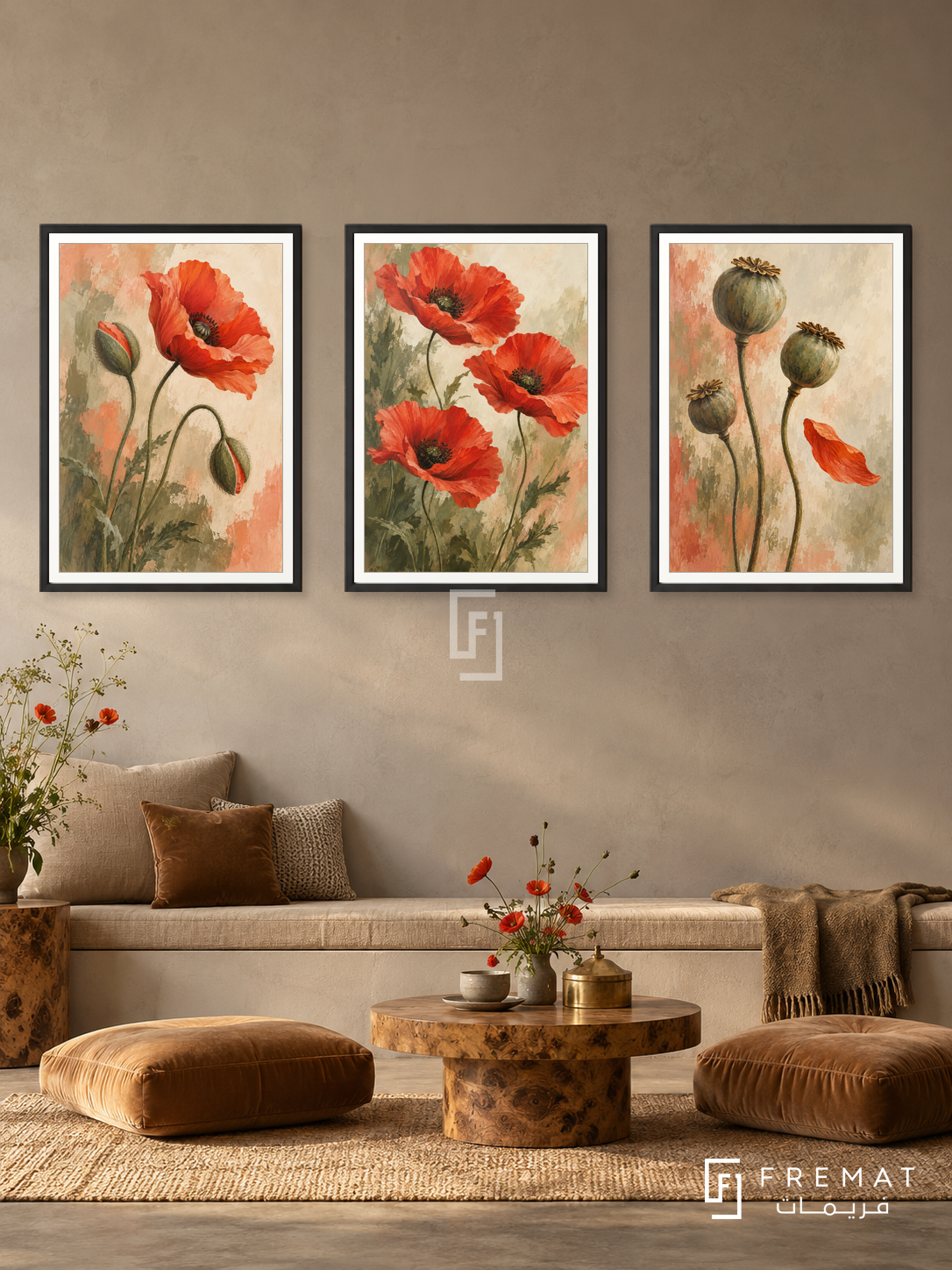 Wild Poppy Dance — set of three complementary nature artworks in Black frames, shown at 50×70 cm each.