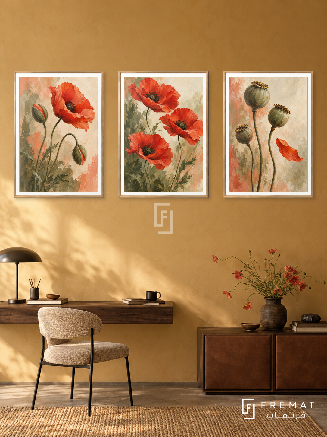 Wild Poppy Dance — set of three complementary nature artworks in Gold frames, shown at 50×70 cm each.