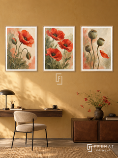 Wild Poppy Dance — set of three complementary nature artworks in Gold frames, shown at 50×70 cm each.