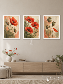Wild Poppy Dance — set of three complementary nature artworks in White frames, shown at 50×70 cm each.