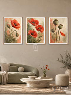 Wild Poppy Dance — set of three complementary nature artworks in Wooden Texture frames, shown at 50×70 cm each.