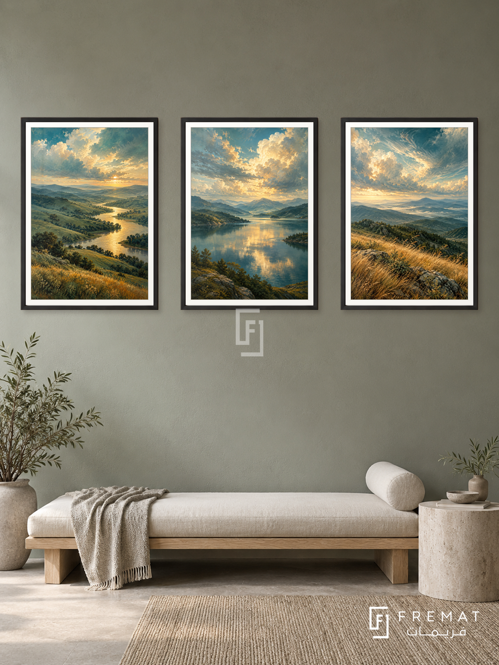 Earth And Sky — set of three complementary nature artworks in Black frames, shown at 50×70 cm each.