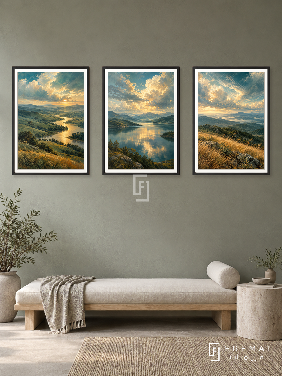 Earth And Sky — set of three complementary nature artworks in Black frames, shown at 50×70 cm each.
