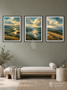 Earth And Sky — set of three complementary nature artworks in Black frames, shown at 50×70 cm each.