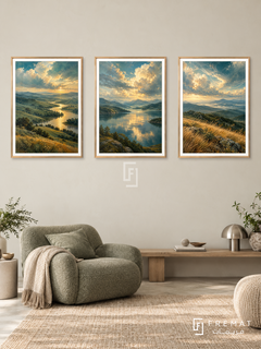 Earth And Sky — set of three complementary nature artworks in Gold frames, shown at 50×70 cm each.