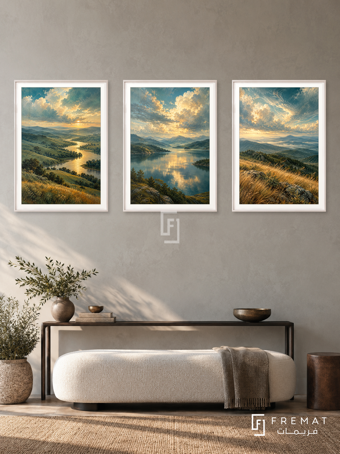 Earth And Sky — set of three complementary nature artworks in White frames, shown at 50×70 cm each.