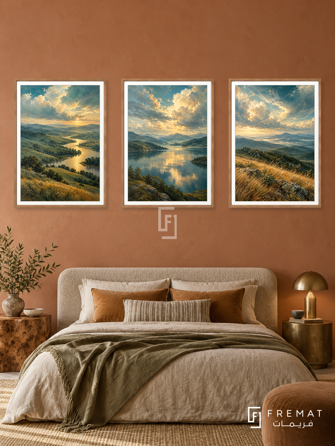 Earth And Sky — set of three complementary nature artworks in Wooden Texture frames, shown at 50×70 cm each.