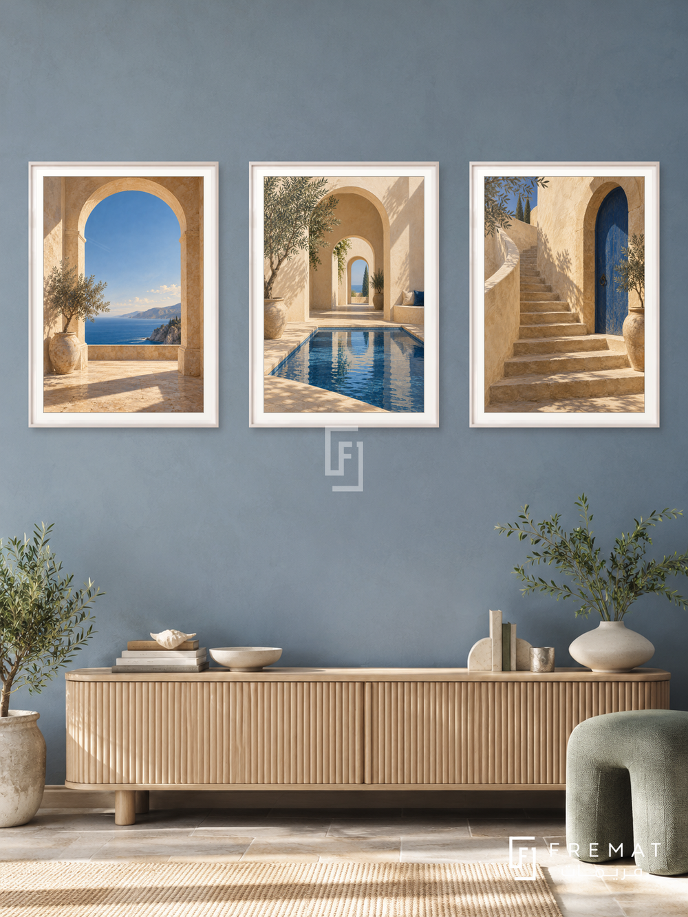 Sunlit Arcades — set of three complementary places artworks in White frames, shown at 50×70 cm each.